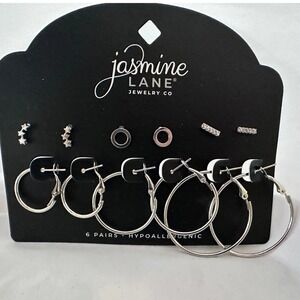 Jasmine Lane Silver‎ Stud & Hoop Earring Set 6 Piece Hypoallergenic NWT